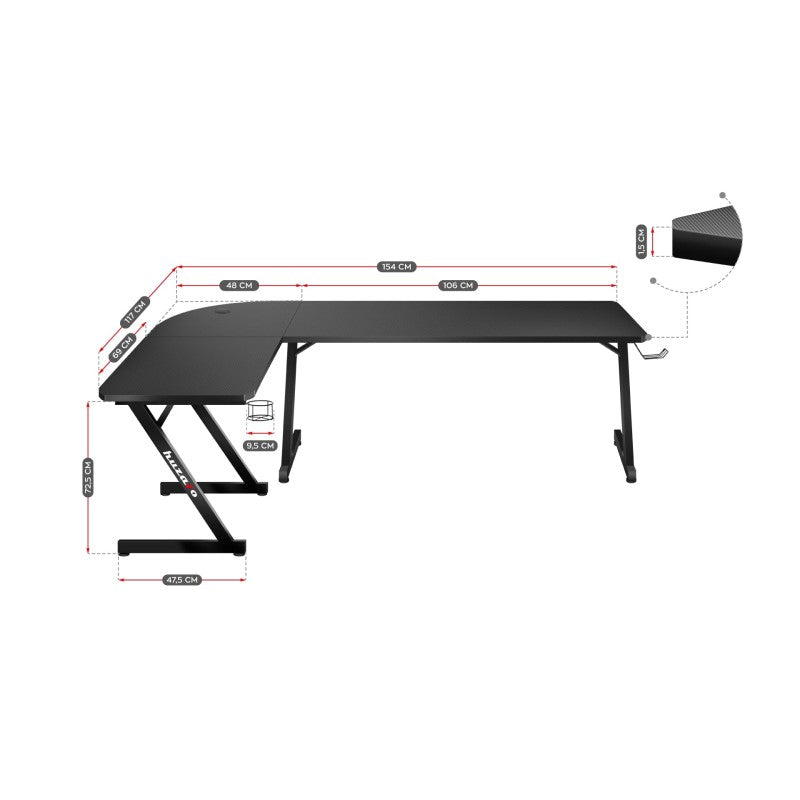 Rohový herný stôl Huzaro Hero 7.0 Black 154 cm