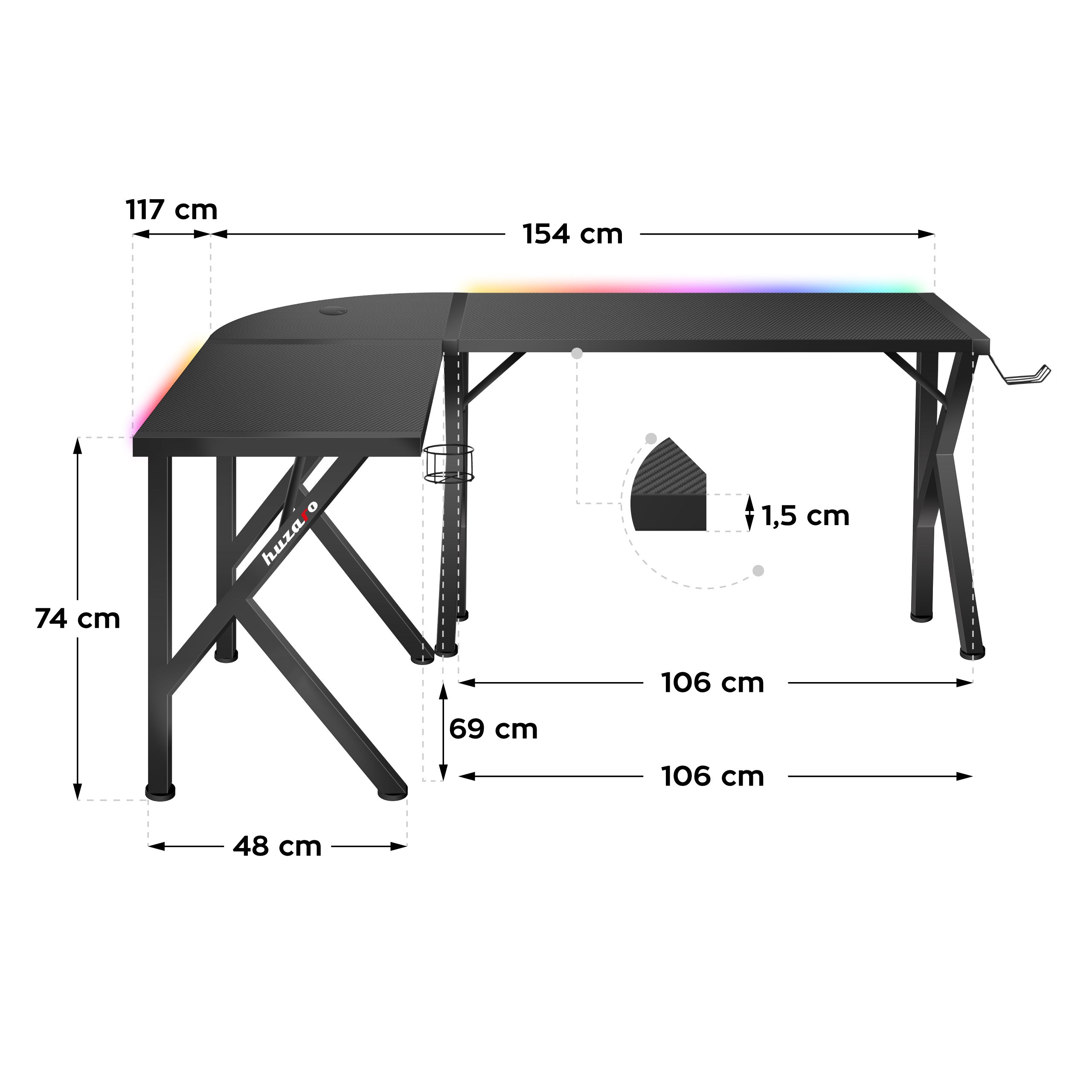 Rohový herný stôl Huzaro Hero 6.3 RGB Black 154 cm