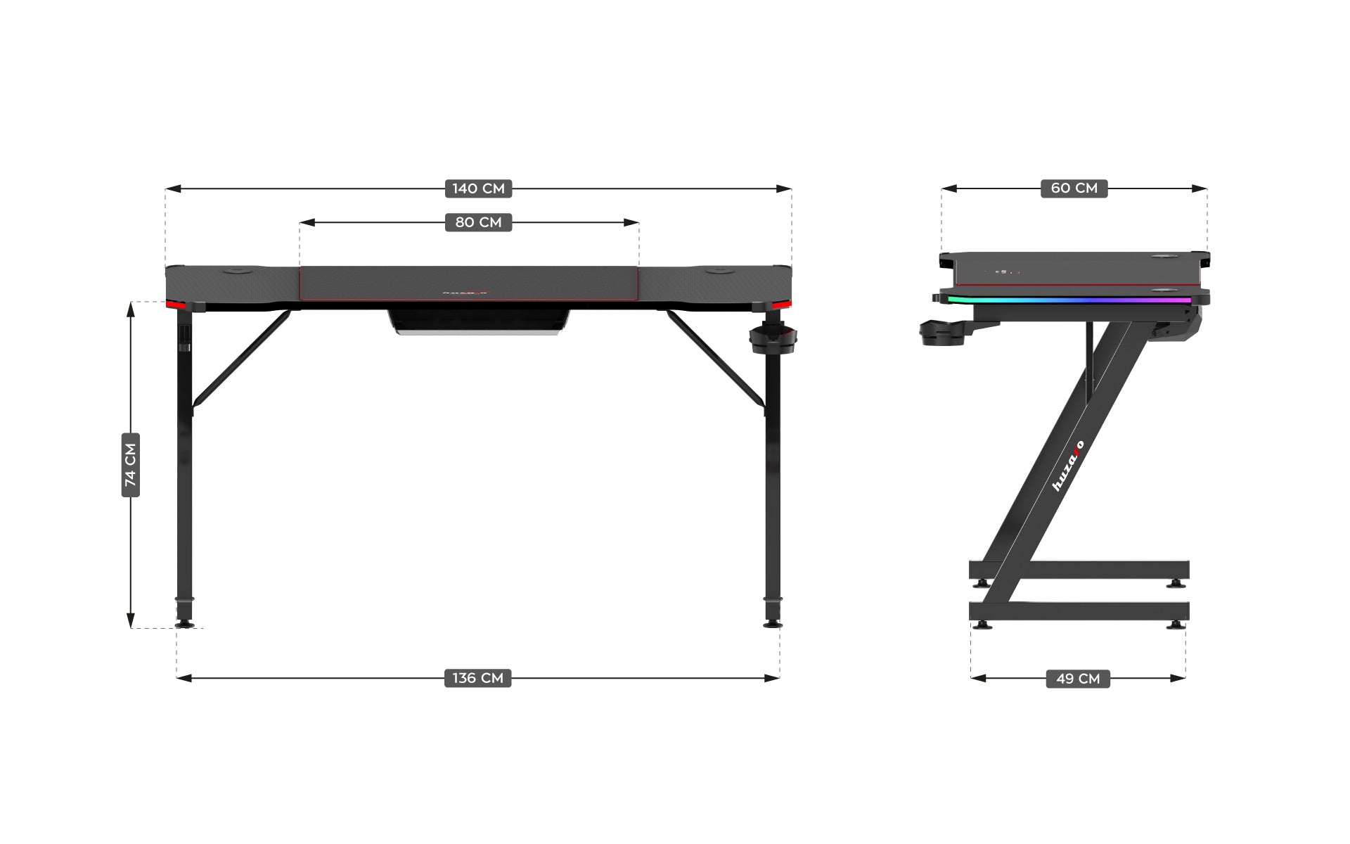 Herný stôl Huzaro Hero 3.3 RGB Black 140 cm