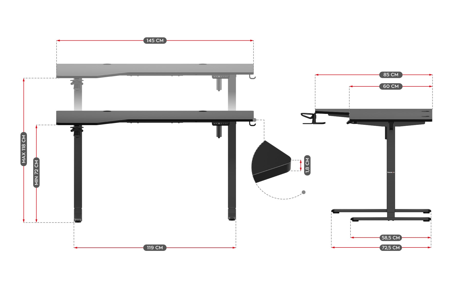 Elektrický rohový písací stôl Huzaro Hero 9.1 Black 145 cm