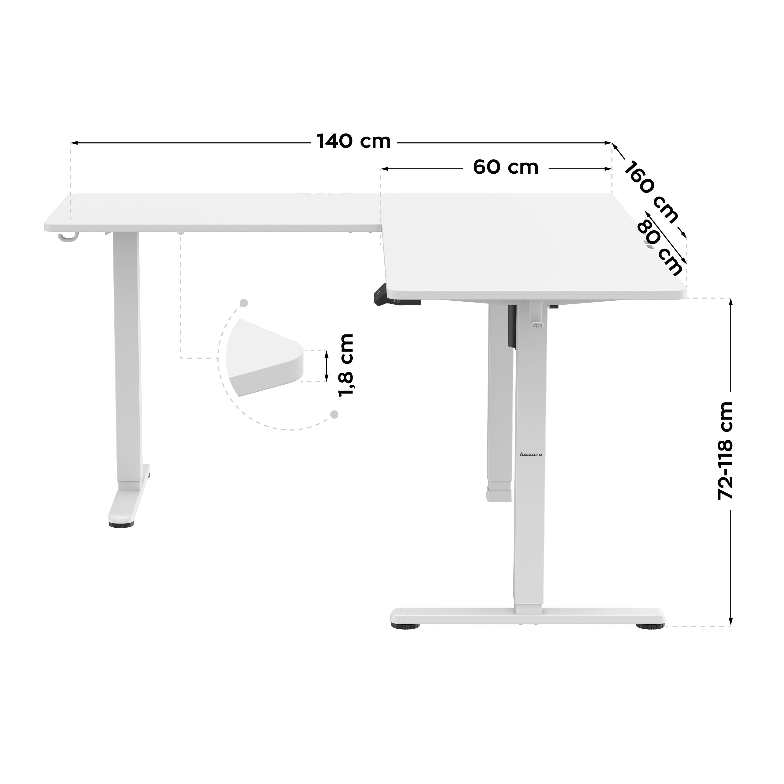 Elektrický rohový písací stôl Huzaro Hero 9.5 White 160 cm