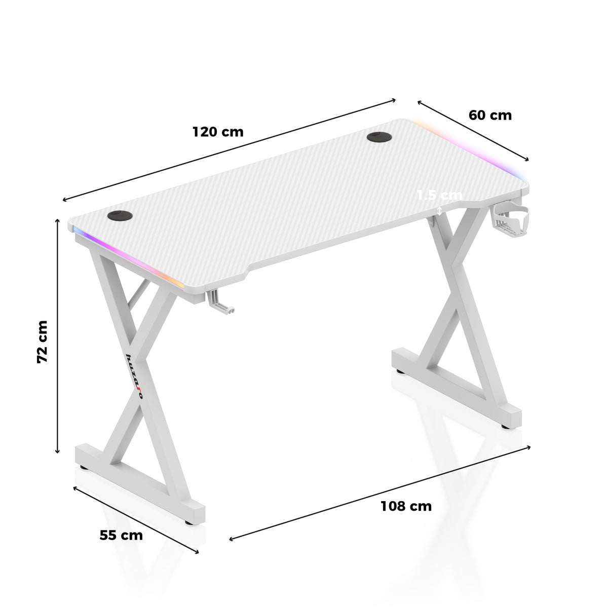 Herný stôl s LED osvetlením Huzaro Hero 2.3 RGB White 120 cm