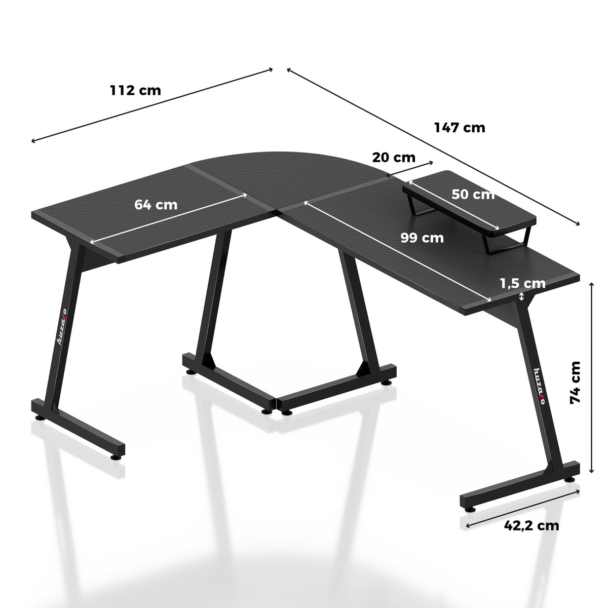 Rohový herný stôl Huzaro Hero 6.0 Black 147 cm