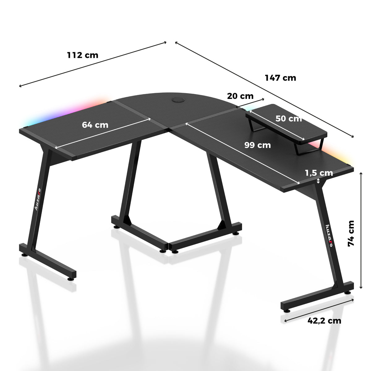 Rohový herný stôl HUZARO Hero 6.0 RGB Smart Black 147 cm