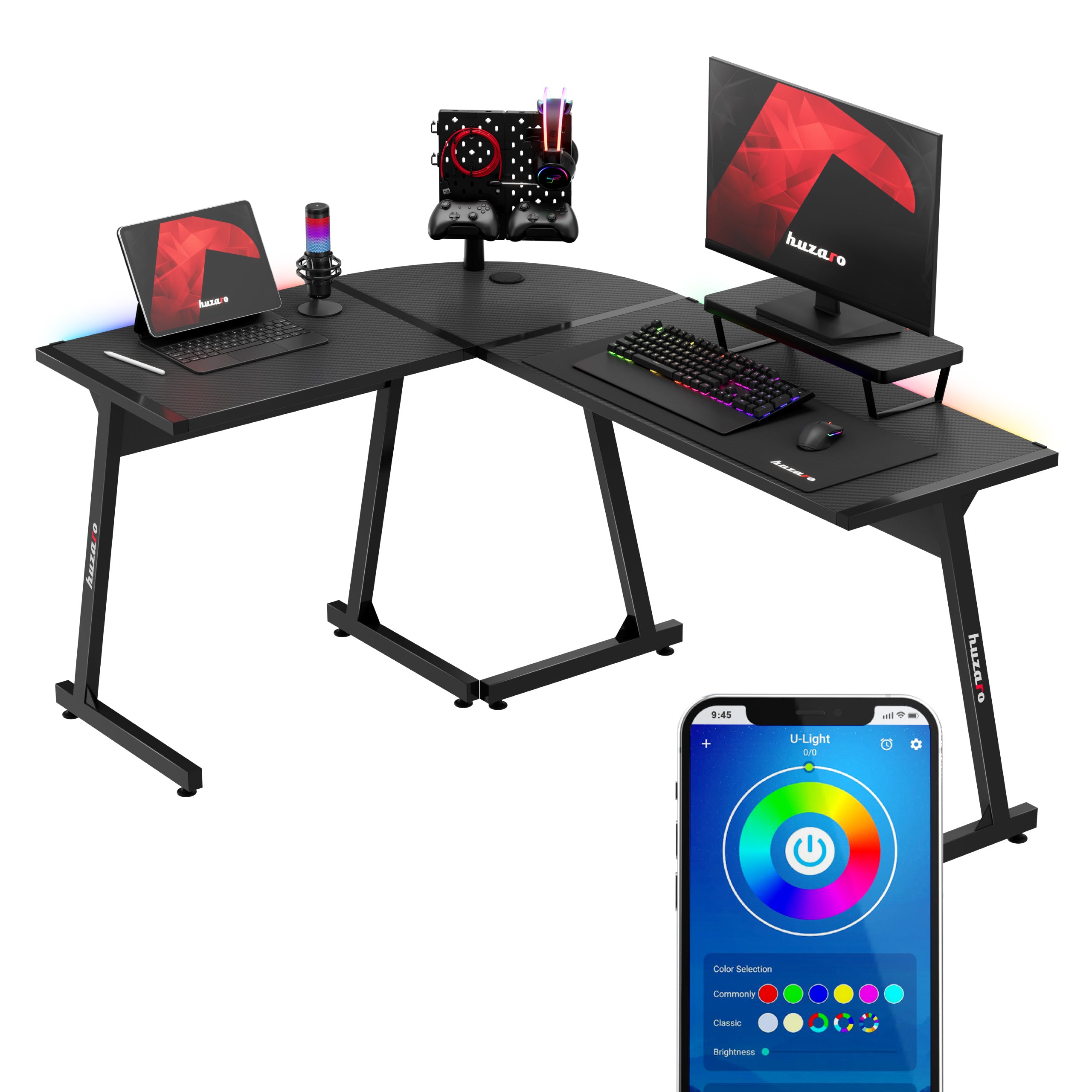 Rohový herný stôl HUZARO Hero 6.0 RGB Smart Black 147 cm
