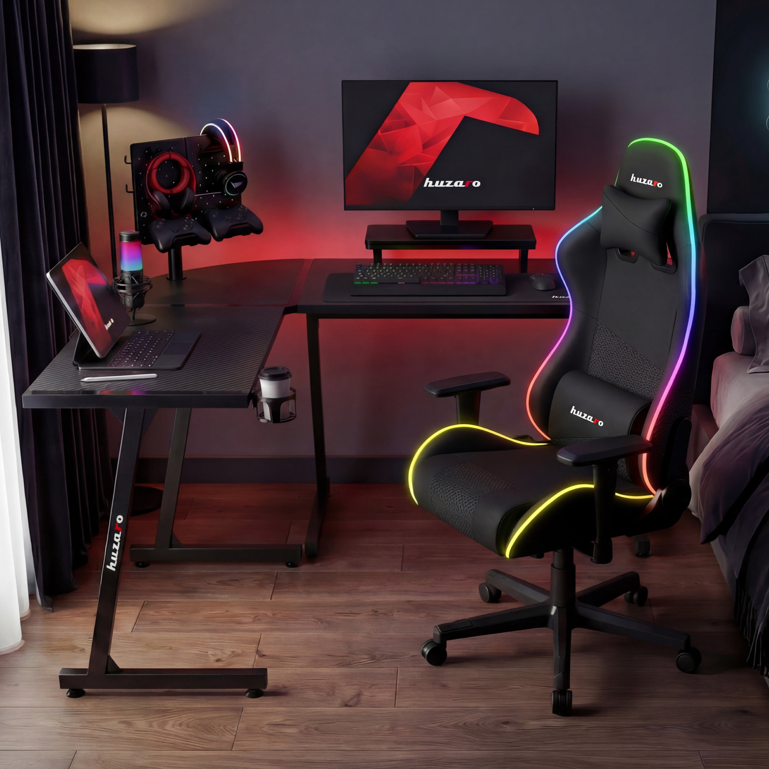 Rohový herný stôl HUZARO Hero 6.0 RGB Smart Black 147 cm