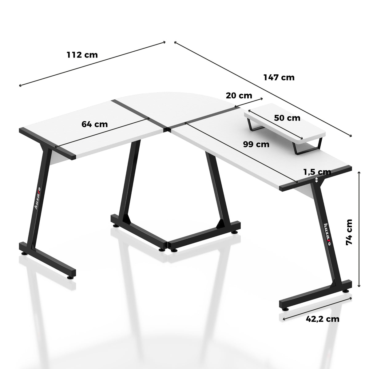 Rohový herný stôl Huzaro Hero 6.0 White 147 cm