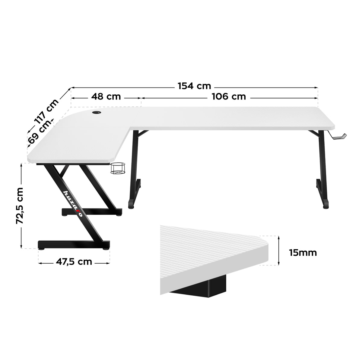 Rohový herný stôl Huzaro Hero 7.0 White 154 cm
