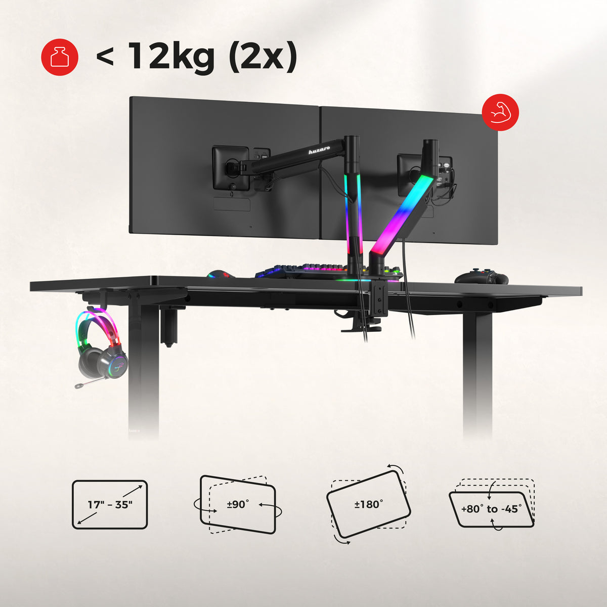 Držiak na 2 monitory na stôl Huzaro Motion 2.6 RGB